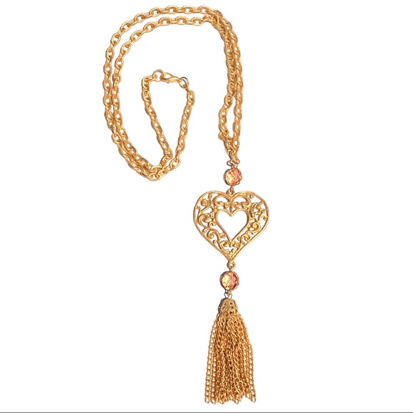 🆕 Lovely Gold Filigree Heart & Peach AB Crystal Beaded Tassel Long Necklace NWT - Picture 2 of 6